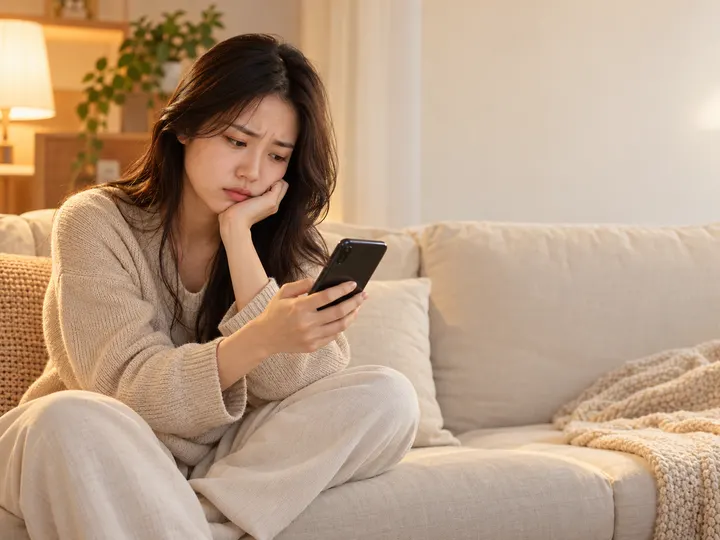 소파에서 턱을 괴고 폰을 보며 지친 표정의 사람