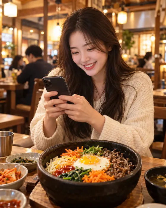 식당에서 폰을 보며 웃는 사람, 앞에 비빔밥