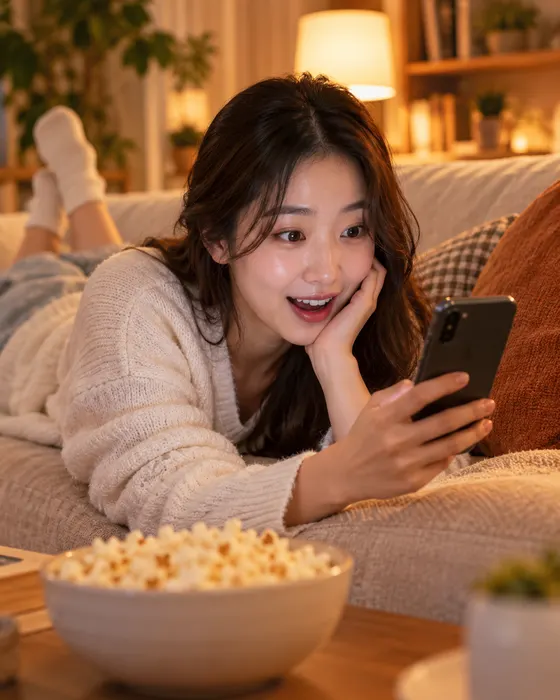 집에서 폰으로 영상을 보다 놀란 사람, 앞에 팝콘